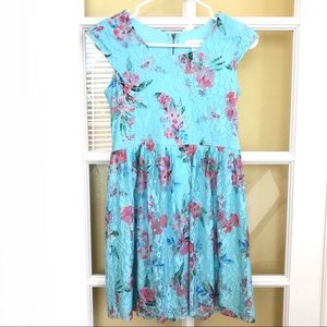 Aqua Blue/Pink Floral Lace Spring/Summer Dress
